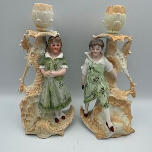 Antique Porcelain Figurine Candlestick Holders Pair Victorian German‎ Bisque